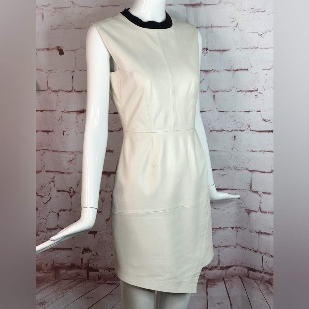 TRINA TURK Dalia Ivory Cream Lamb Leather Asymmetrical hem Dress Size 2 - Picture 2 of 16